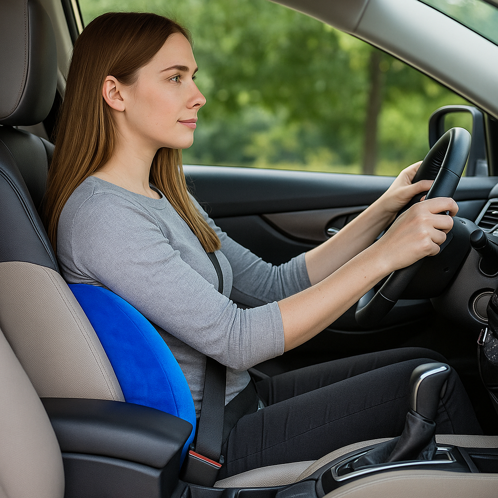Woman driving car using blue back cushion for car seat for lumbar support and comfort