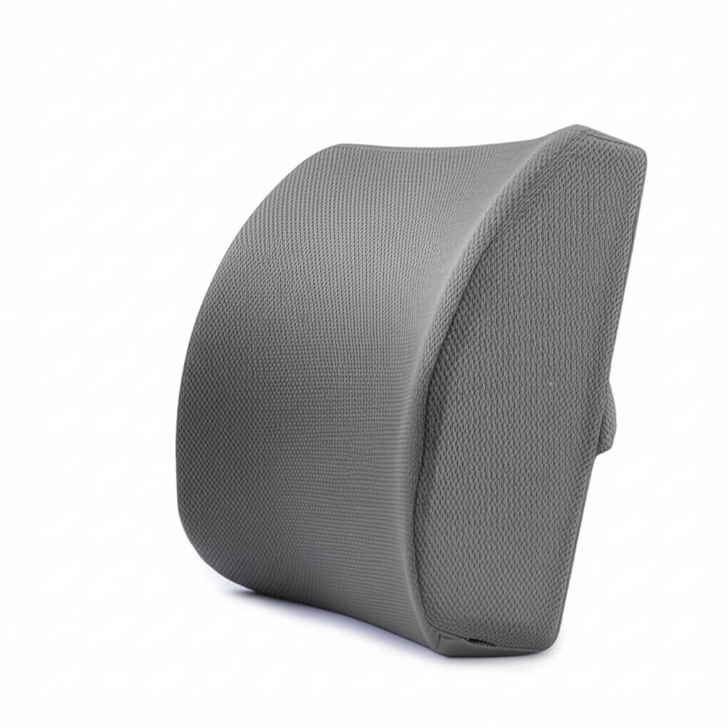 Ergonomic gray back cushion for car seat with breathable mesh cover for lumbar support