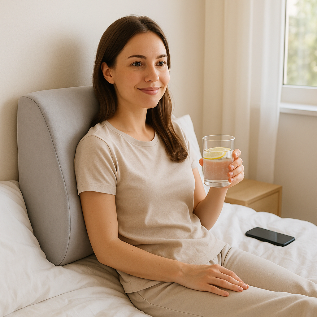 Woman sitting on bed using a gray back cushion for car seat to support her back while drinking water