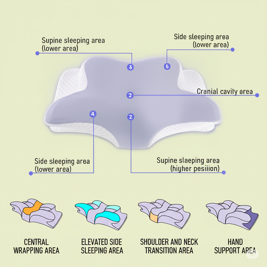 Comfort memory foam pillow with labeled sleeping areas and zones for neck shoulder hand support