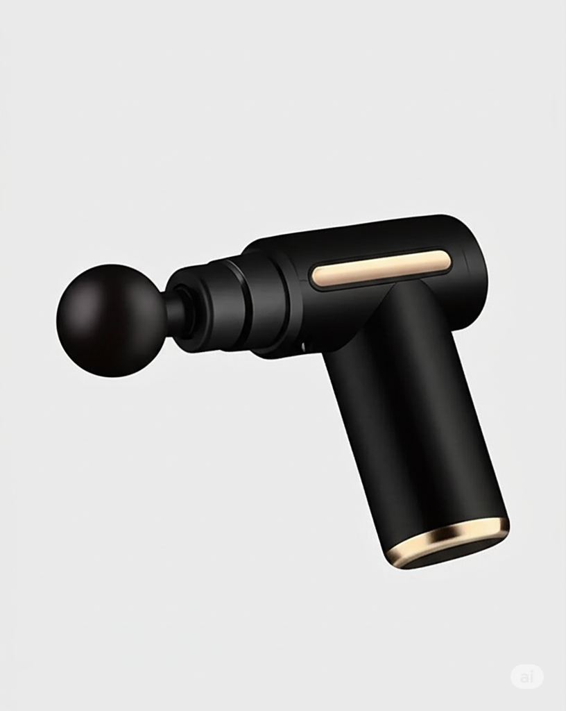 Black deep tissue massage gun with ergonomic handle and round massage head for muscle relief