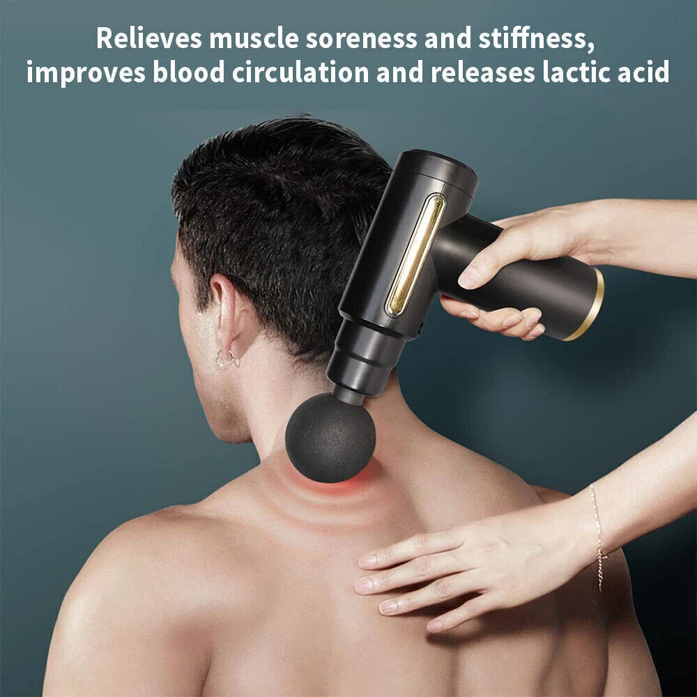 Black deep tissue massage gun used on upper back to relieve muscle soreness and stiffness