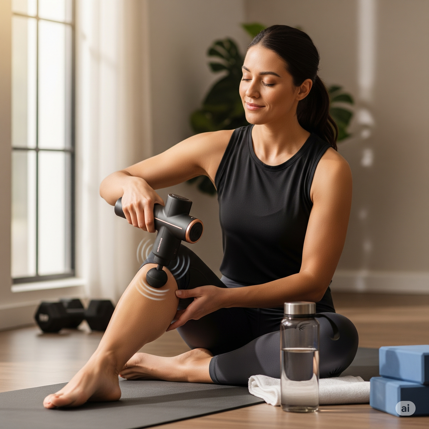Woman using a deep tissue massage gun on her calf muscle during a home workout recovery session