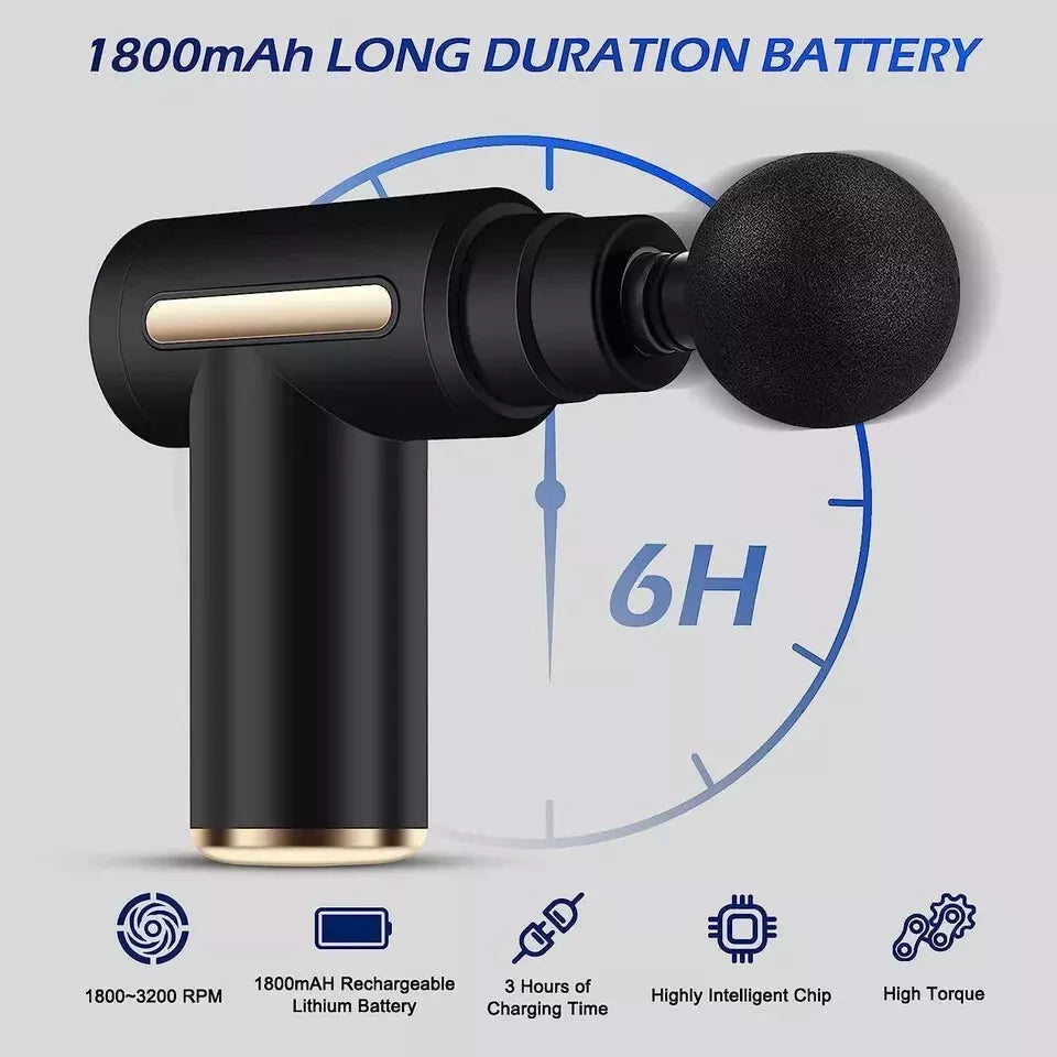 Black deep tissue massage gun with 1800mAh battery and 6 hour long duration for muscle relief