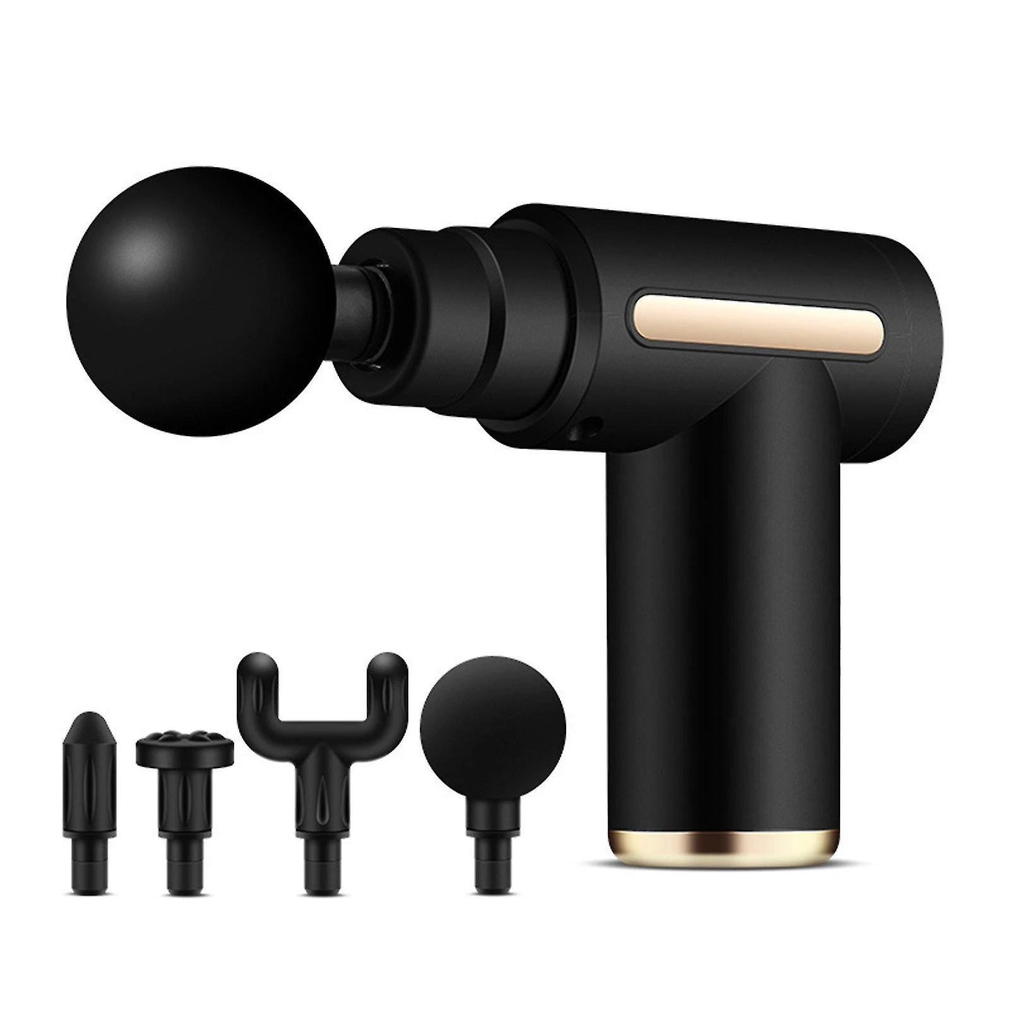 Black deep tissue massage gun with four interchangeable heads for targeted muscle relief