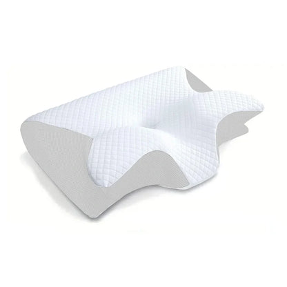 Comfort memory foam pillow with ergonomic contour design and white quilted cover for neck support