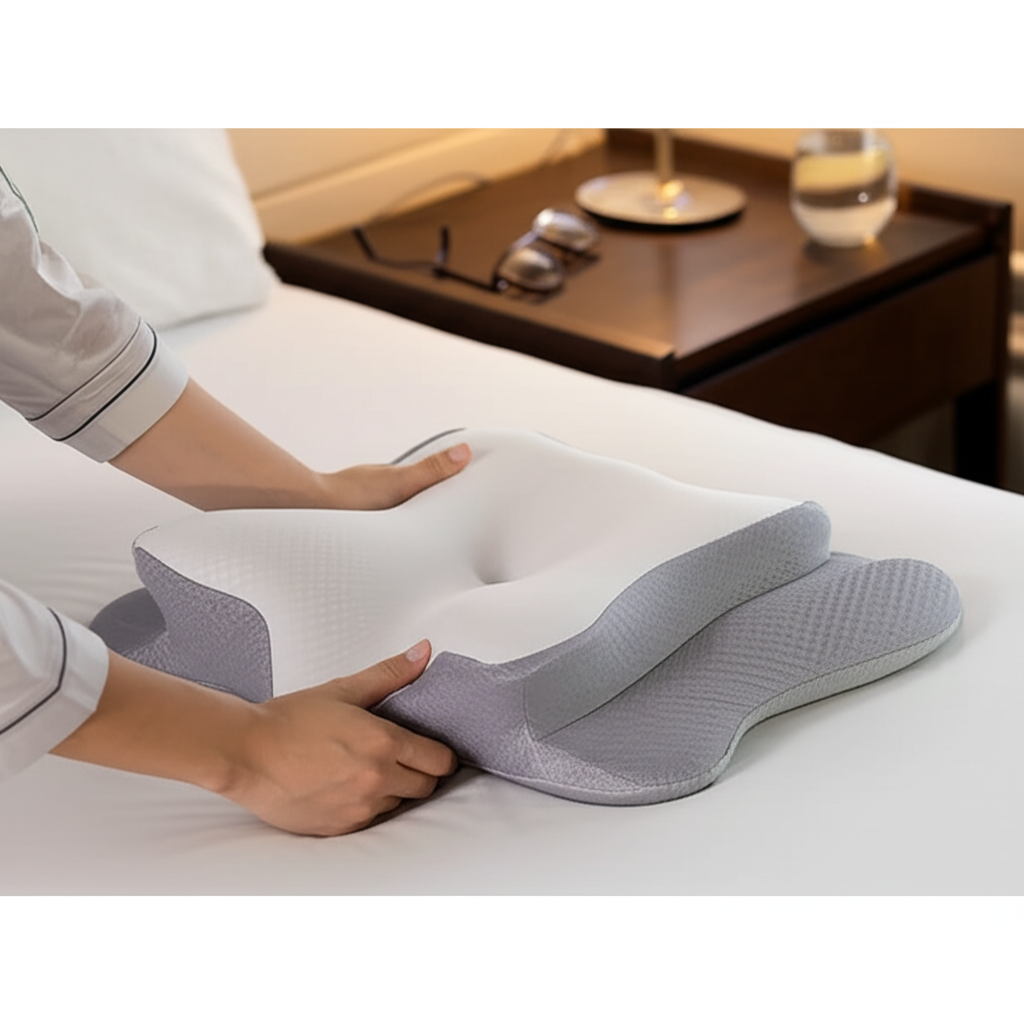 Comfort memory foam pillow with ergonomic design on bed being adjusted by hands