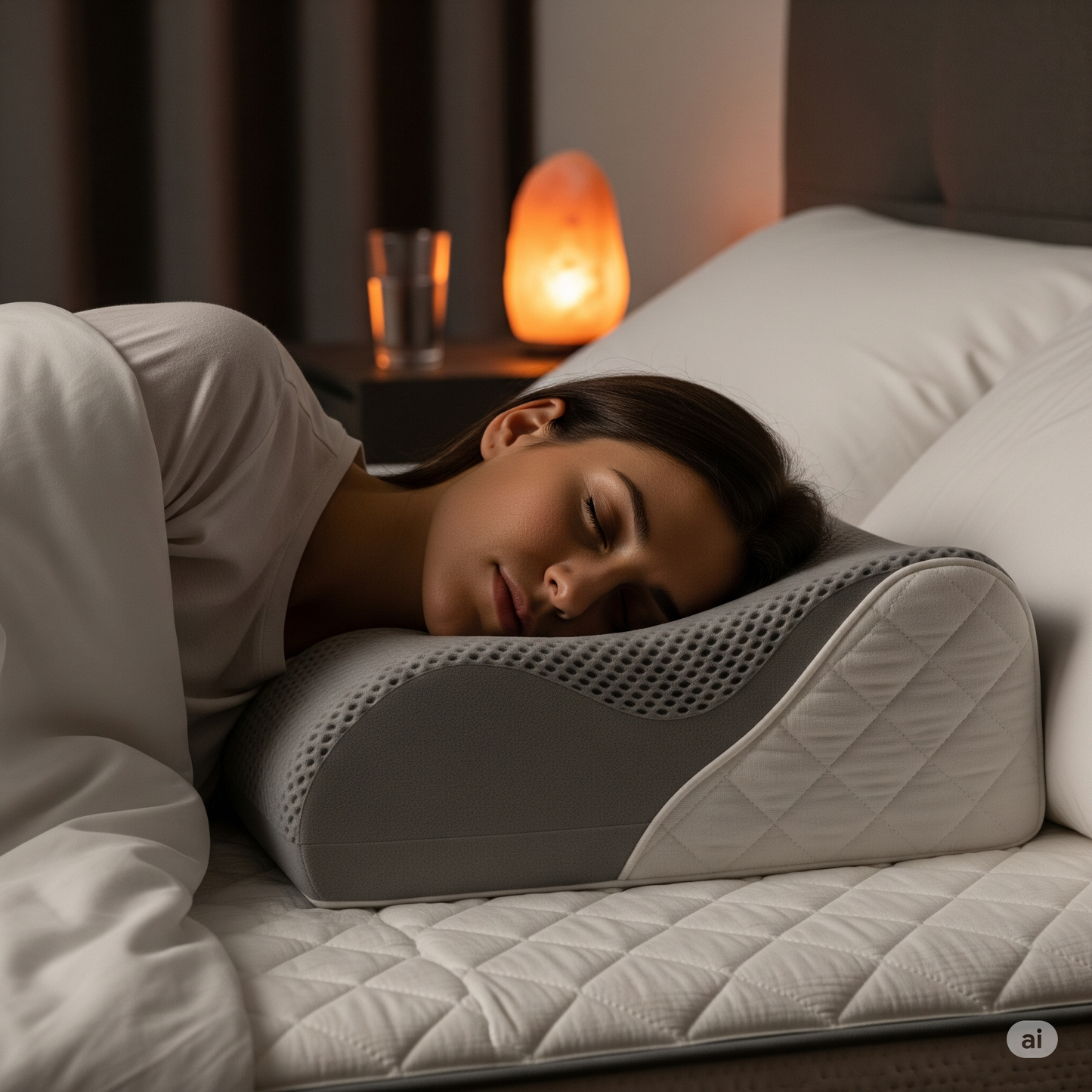 Woman sleeping comfortably on a comfort memory foam pillow with breathable mesh cover in a cozy bedroom