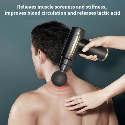 Black deep tissue massage gun used on upper back to relieve muscle soreness and stiffness