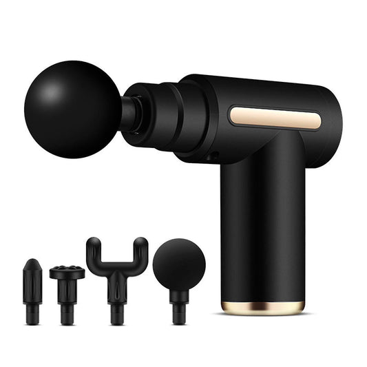 Black deep tissue massage gun with four interchangeable heads for targeted muscle relief